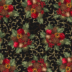 Fabric Traditions Christmas Black Berries & Bells Glitter Cotton Fabric
